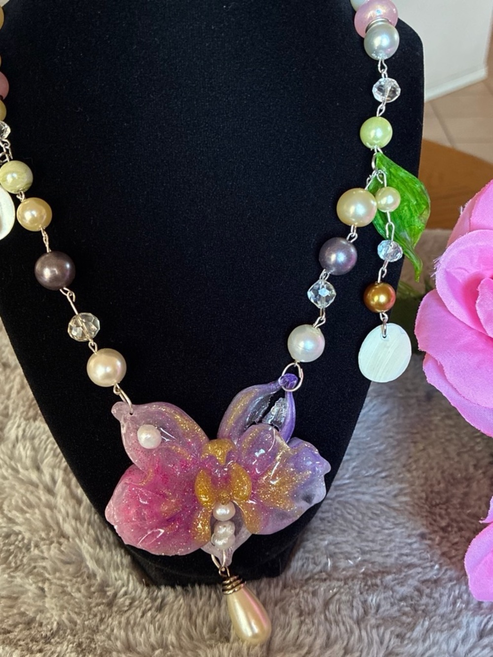 Handmade Pink & Iridescent Floral Statement Necklace - Picture 4 of 6